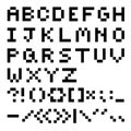 Flat alphabet and punctuation marks in pixel art style on a white background